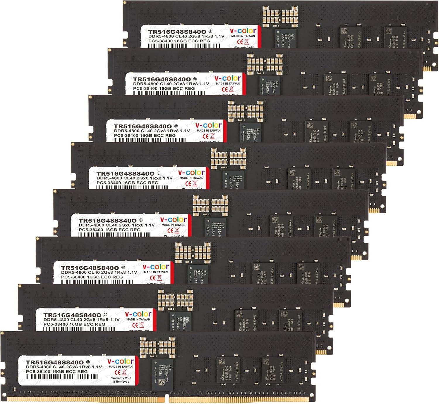 V-Color DDR5 128GB (16GBx8) 4800MHz CL40 2Gx8 1Rx8 ECC R-DIMM (ECC Registered DIMM) 1.1V
