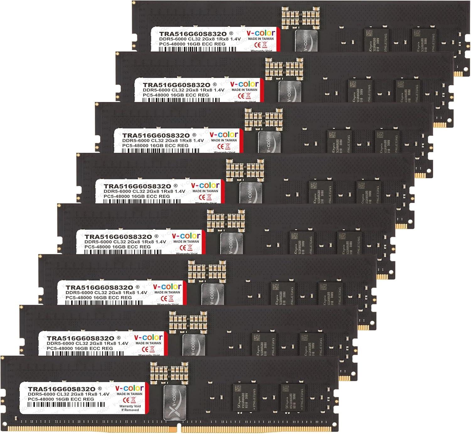 V-Color DDR5 128GB (16GBx8) 6000MHz CL32 2Gx8 1Rx8 OC R-DIMM (Overclocking ECC Registered DIMM) 1.4V