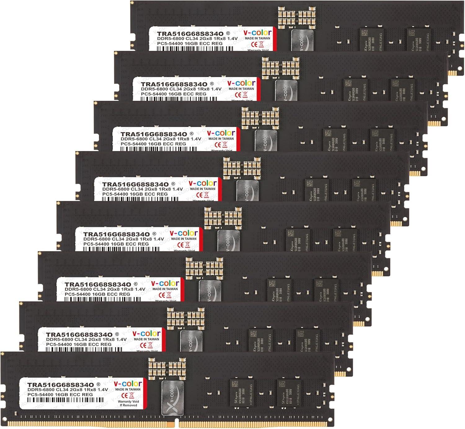V-Color DDR5 128GB (16GBx8) 6800MHz CL34 2Gx8 1Rx8 OC R-DIMM (Overclocking ECC Registered DIMM) 1.4V