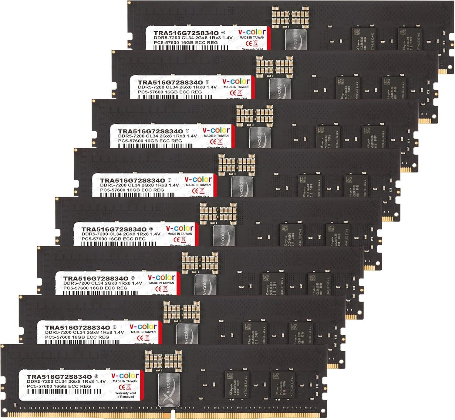 V-Color DDR5 128GB (16GBx8) 7200MHz CL34 2Gx8 1Rx8 OC R-DIMM (Overclocking ECC Registered DIMM) 1.4V