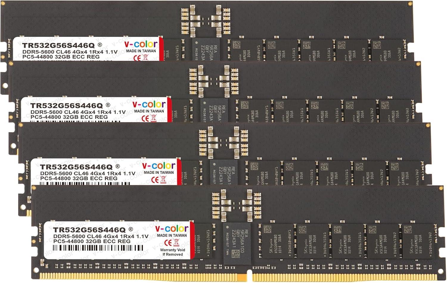V-Color DDR5 128GB (32GBx4) 5600MHz CL46 4Gx4 1Rx4 ECC R-DIMM (ECC Registered DIMM) 1.1V