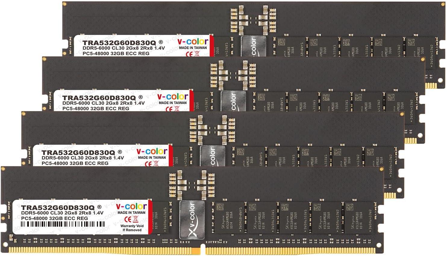 V-Color DDR5 128GB (32GBx4) 6000MHz CL30 2Rx8 Ultra Low-Timing OC R-DIMM AMD Expo