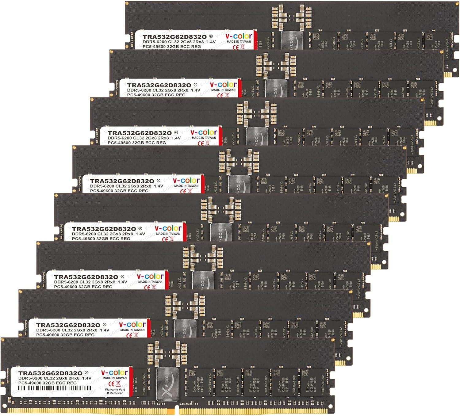 V-Color DDR5 256GB (32GBx8) 6200MHz CL32 2Gx8 2Rx8 OC R-DIMM (Overclocking ECC Registered DIMM) 1.4V