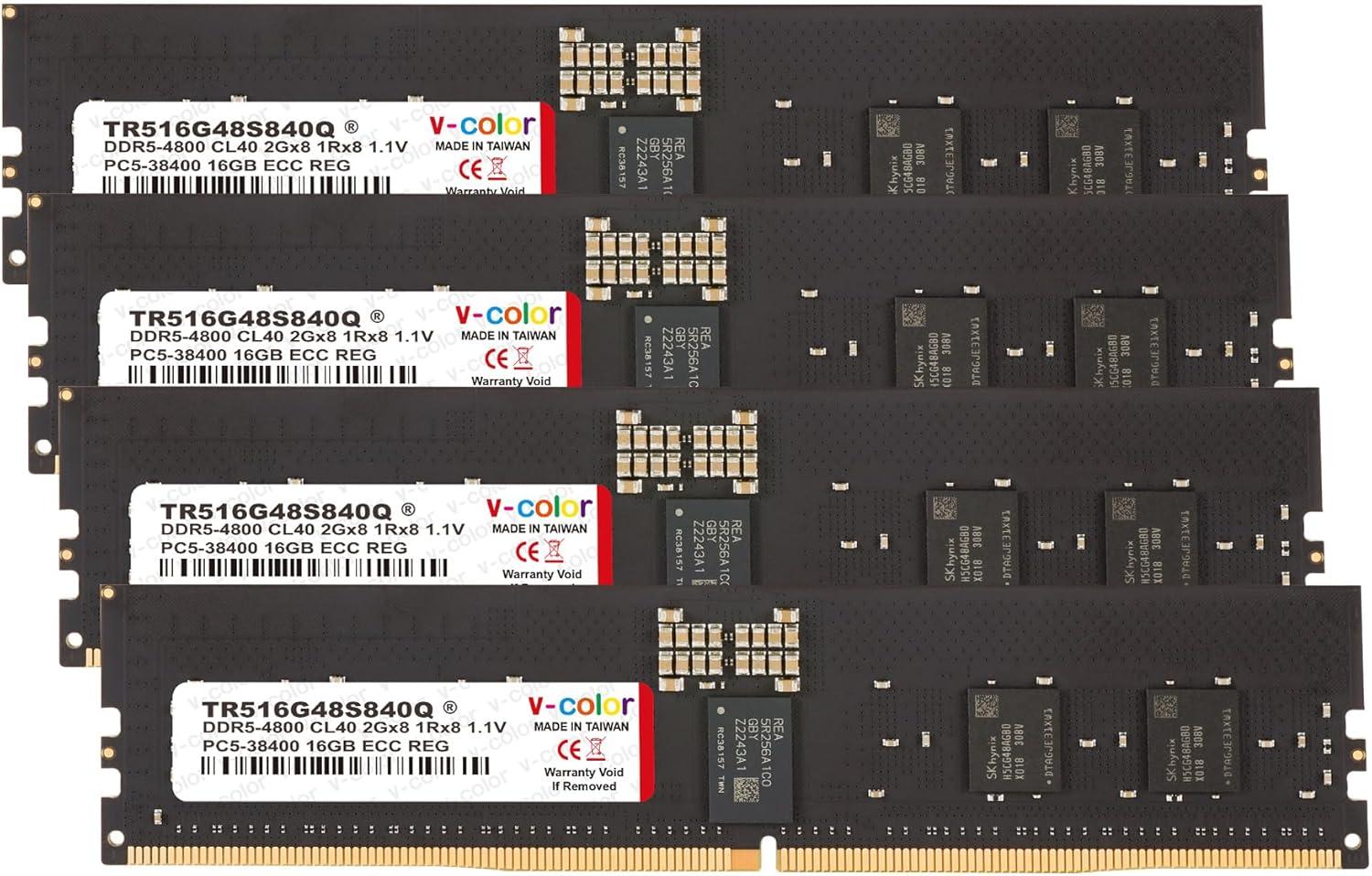 V-Color DDR5 64GB (16GBx4) 4800MHz CL40 2Gx8 1Rx8 ECC R-DIMM (ECC Registered DIMM) 1.1V